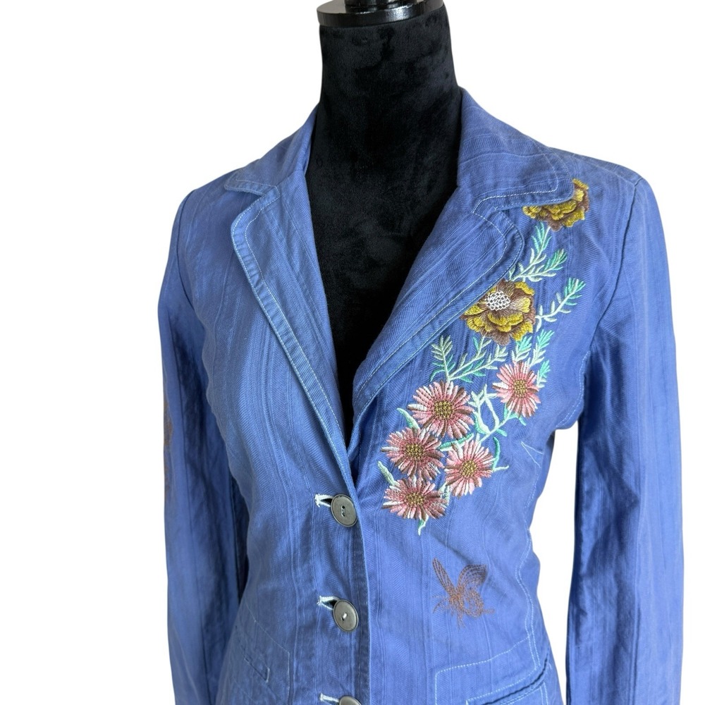 JOHNNY WAS Blue Floral Embroidered Jacket Button Small Boho Whimsy - Picture 2 of 9